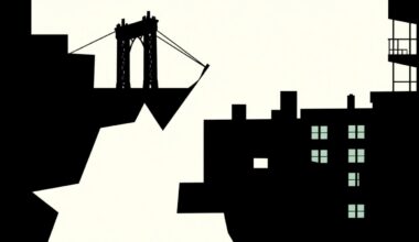 An abstract, minimalist illustration featuring stark black silhouettes and geometric shapes, conceptually representing the filming of a TV series in a Brooklyn neighborhood.