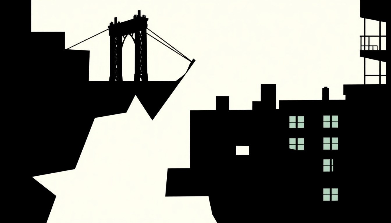 An abstract, minimalist illustration featuring stark black silhouettes and geometric shapes, conceptually representing the filming of a TV series in a Brooklyn neighborhood.