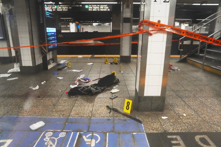 A weapon used to attack three people is shown at the Grand Central subway station in New York on Saturday, April 11, 2026. (AP Photo/Ryan Murphy)