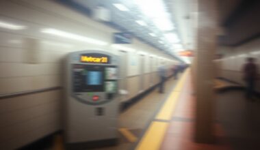 An abstract, impressionistic photograph depicting a blurred subway station platform, with the faint outline of a MetroCard vending machine visible in the foreground, conveying a sense of nostalgia and the passing of an era.