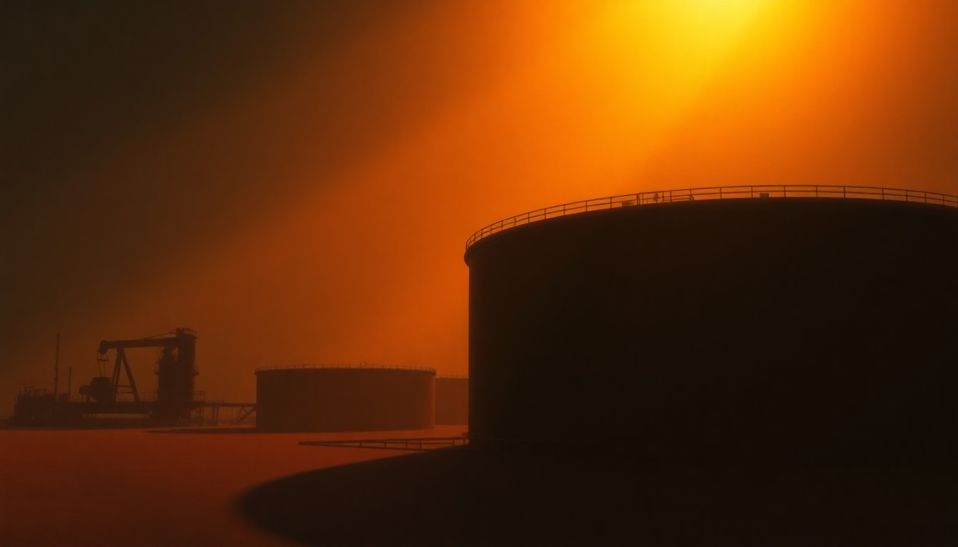 A serene, cinematic painting of an oil refinery or storage tank, with warm sunlight casting long shadows across the scene, capturing the sense of uncertainty and political tension surrounding the situation in Venezuela.