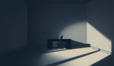 A dimly lit office space with a lone desk and chair, the scene reflecting the gravity of a political investigation through its quiet, pensive mood and long shadows across the floor.