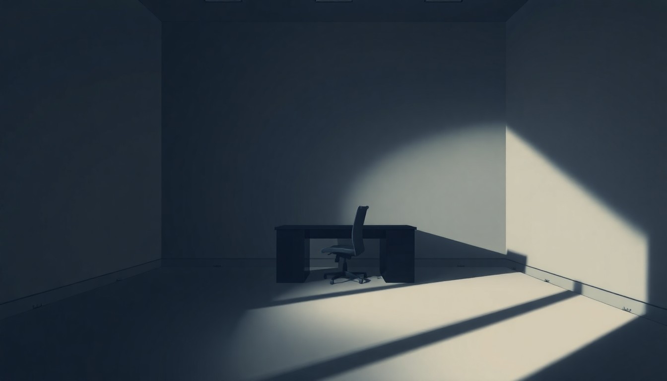 A dimly lit office space with a lone desk and chair, the scene reflecting the gravity of a political investigation through its quiet, pensive mood and long shadows across the floor.