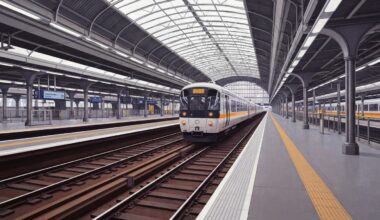 A highly stylized, geometric illustration depicting the grand scale and disruption of a major transportation hub in London, with sweeping, smooth gradients and towering forced perspectives of train platforms and tracks, capturing the emotional impact of the incident without literal depiction.