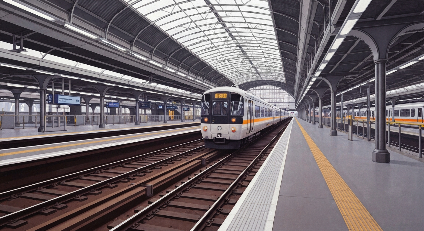A highly stylized, geometric illustration depicting the grand scale and disruption of a major transportation hub in London, with sweeping, smooth gradients and towering forced perspectives of train platforms and tracks, capturing the emotional impact of the incident without literal depiction.
