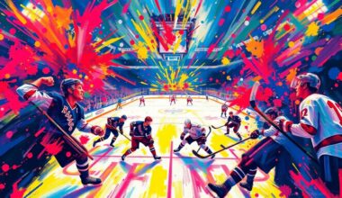 An abstract, expressionist painting in vibrant neon colors, capturing the raw energy and movement of a hockey game, with players