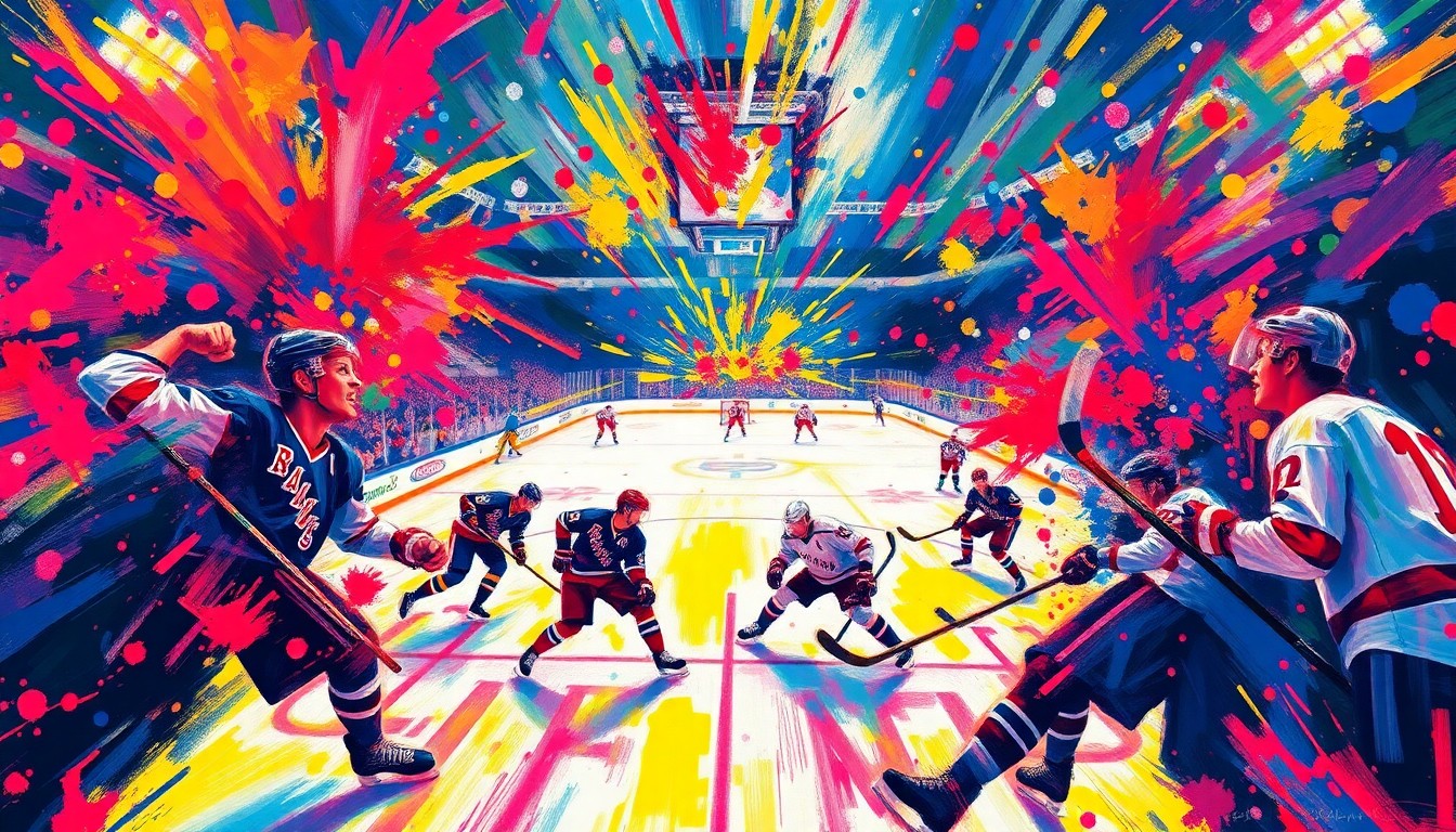 An abstract, expressionist painting in vibrant neon colors, capturing the raw energy and movement of a hockey game, with players