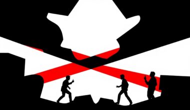 A bold, abstract composition of jagged geometric shapes and stark black silhouettes, conceptually representing the history of photographic trickery and the unreliable nature of visual media.