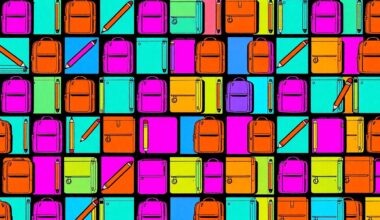 A vibrant, high-contrast silkscreen print of a school backpack repeated in a grid pattern, conceptually representing the debate over the affordability of elite private schools in New York City.