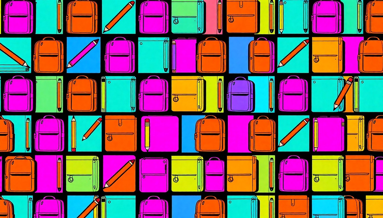 A vibrant, high-contrast silkscreen print of a school backpack repeated in a grid pattern, conceptually representing the debate over the affordability of elite private schools in New York City.