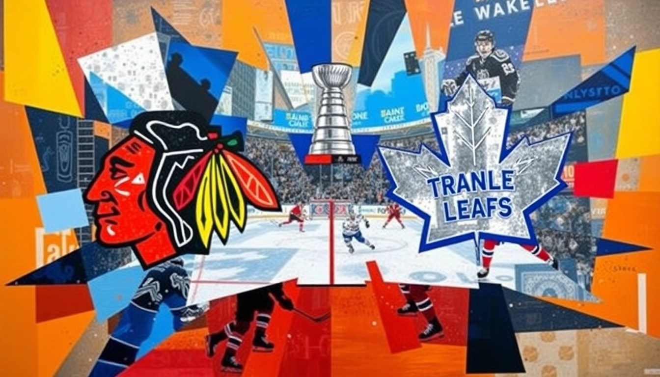 A fractured, multi-perspective painting in bold colors and sharp geometric shapes, conceptually representing the intensity and excitement of a high-stakes sports championship.