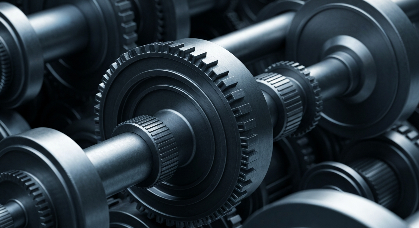 An extreme close-up of intricate, industrial-looking banking machinery and gears, conveying a sense of institutional financial power and stability.