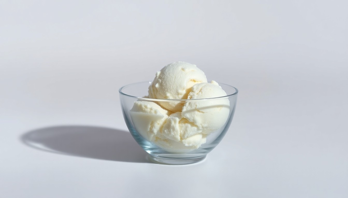 A photorealistic studio still-life photograph featuring a single scoop of creamy, low-calorie ice cream in a clean, modern glass bowl on a monochromatic background, symbolizing the balance between indulgence and health.