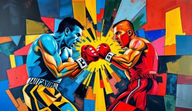 A cubist, geometric painting depicting the chaotic energy of a boxing match, with fragmented figures and shapes in bold, clashing colors.