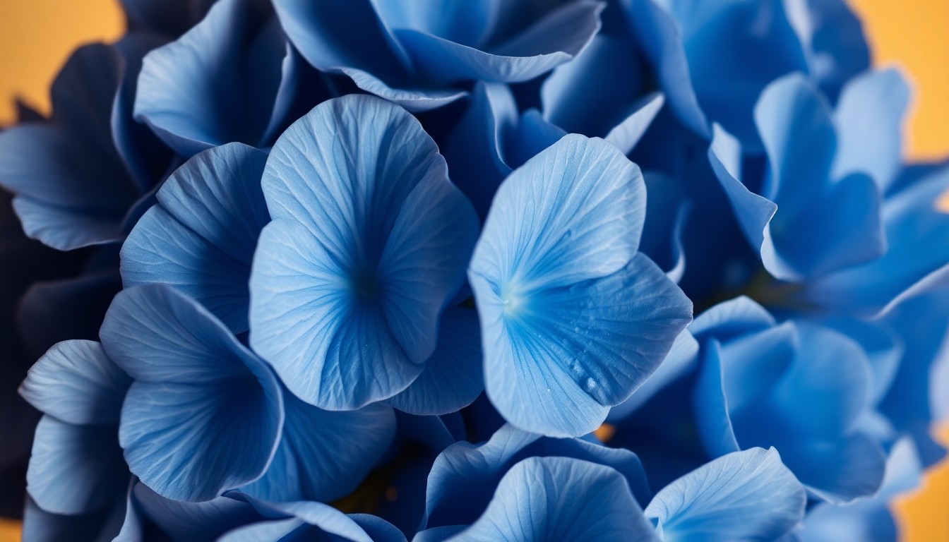An extreme close-up photograph of a bouquet of vibrant blue hydrangea flowers, their delicate petals capturing the soft, warm light of a studio setting and creating a sense of luxury and intimacy.