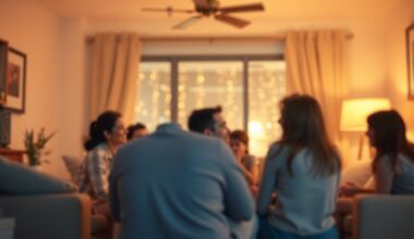 A soft, impressionistic photograph in warm, pastel tones depicting the blurred silhouettes of people gathered in a cozy living room, capturing the essence of a family reunion and the comfort of home.