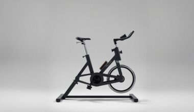 A sleek, modern Peloton exercise bike placed elegantly on a clean, monochromatic background, using dramatic studio lighting and shadows to symbolize the company