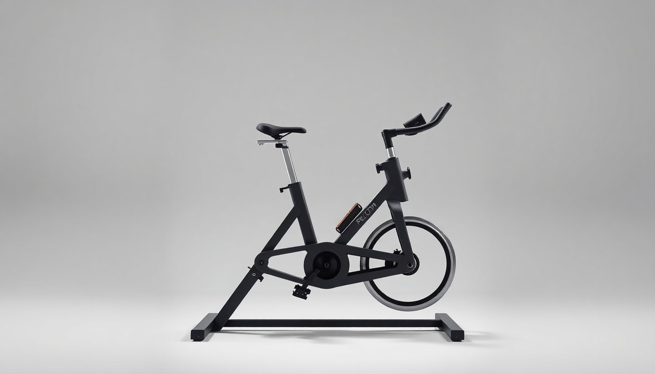 A sleek, modern Peloton exercise bike placed elegantly on a clean, monochromatic background, using dramatic studio lighting and shadows to symbolize the company
