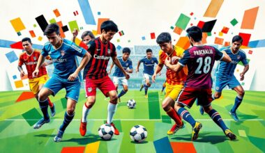 A fragmented, geometric painting in bold colors depicting the action and energy of a soccer match between two professional teams.