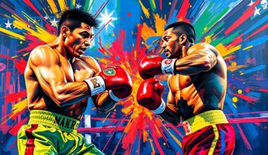 An abstract, expressionist painting featuring bold, energetic brushstrokes in neon shades of blue, red, and yellow, capturing the intense physicality and drama of a boxing match.