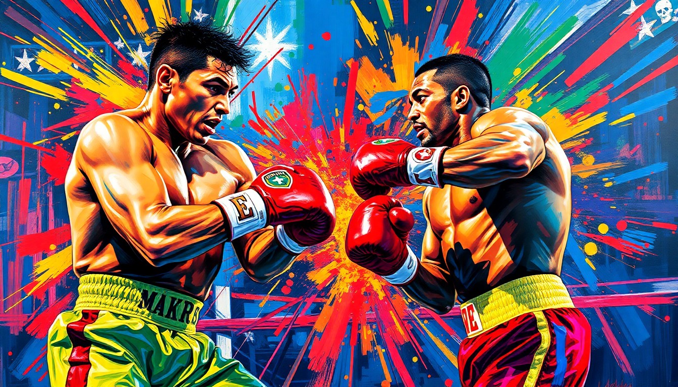 An abstract, expressionist painting featuring bold, energetic brushstrokes in neon shades of blue, red, and yellow, capturing the intense physicality and drama of a boxing match.
