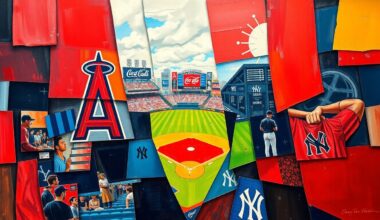 A fragmented, geometric painting depicting a baseball game between the Los Angeles Angels and New York Yankees, with sharp planes of red, navy blue, and other vibrant colors creating a dynamic, abstract composition.