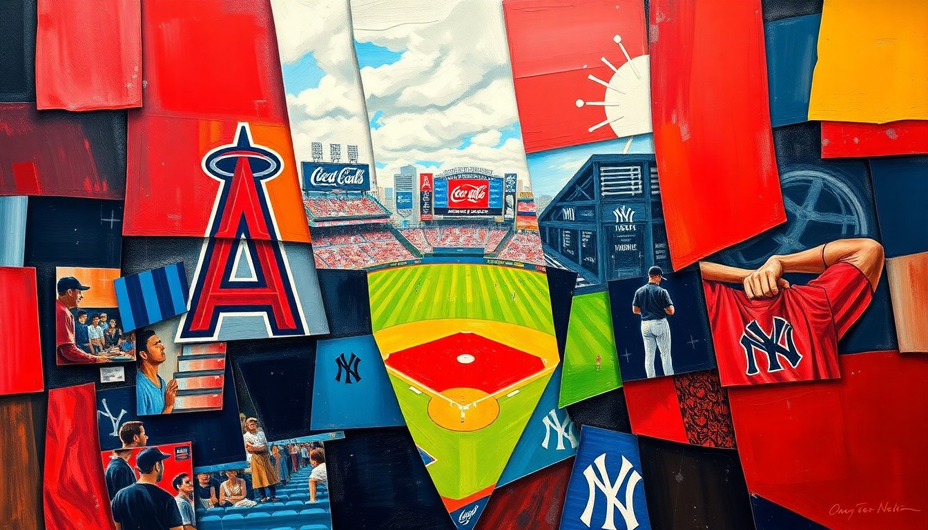 A fragmented, geometric painting depicting a baseball game between the Los Angeles Angels and New York Yankees, with sharp planes of red, navy blue, and other vibrant colors creating a dynamic, abstract composition.