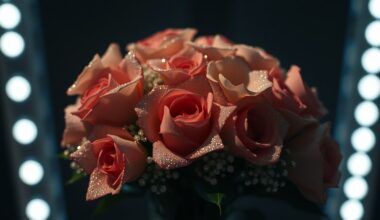 An abstract, high-contrast close-up of a lavish bouquet of flowers, capturing the luxurious and romantic essence of Brooklyn Beckham