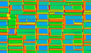 A bold, abstract illustration featuring a repeating grid of colorful textbook shapes in shades of blue, green, and orange, conceptually representing the diverse educational landscape of New York City.