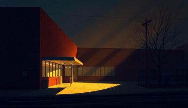 A serene, cinematic painting of the exterior of a large industrial building with tall windows, bathed in warm, golden light and deep shadows, conceptually representing the anticipation and importance of Mayor Mamdani