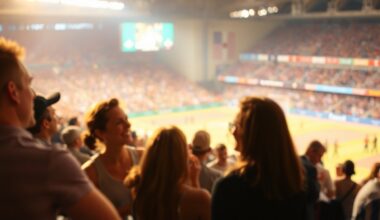 A softly blurred, atmospheric photograph in warm, hazy tones depicting a group of people engaged in lively conversation at a crowded sporting event, with the action on the field or court barely visible in the background, conceptually representing the authentic connections fostered by
