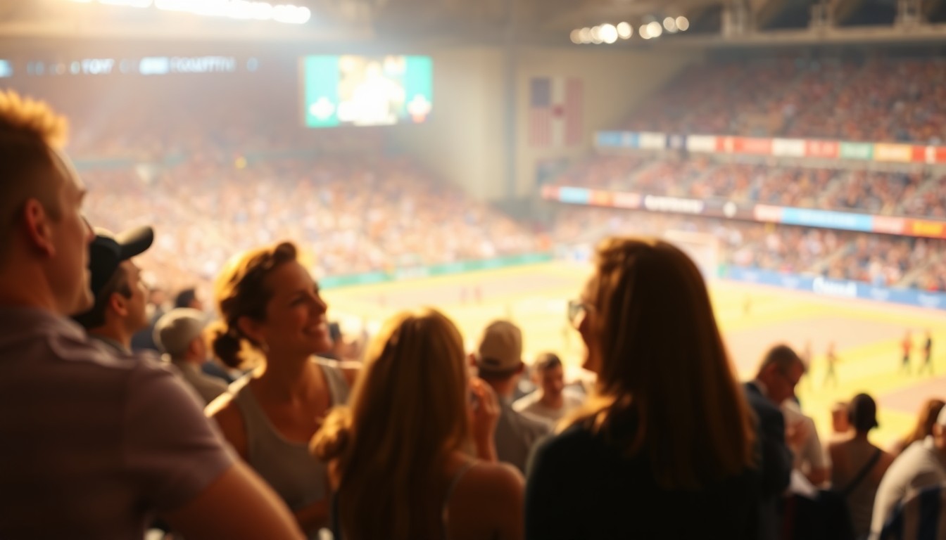 A softly blurred, atmospheric photograph in warm, hazy tones depicting a group of people engaged in lively conversation at a crowded sporting event, with the action on the field or court barely visible in the background, conceptually representing the authentic connections fostered by