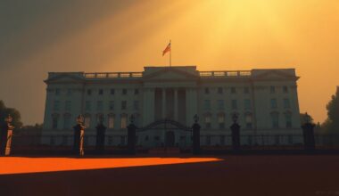 A serene, cinematic painting of the exterior of Buckingham Palace, with the grand building bathed in warm, golden sunlight and deep shadows, conveying a sense of solemnity and grandeur befitting the commemorative events honoring the late Queen