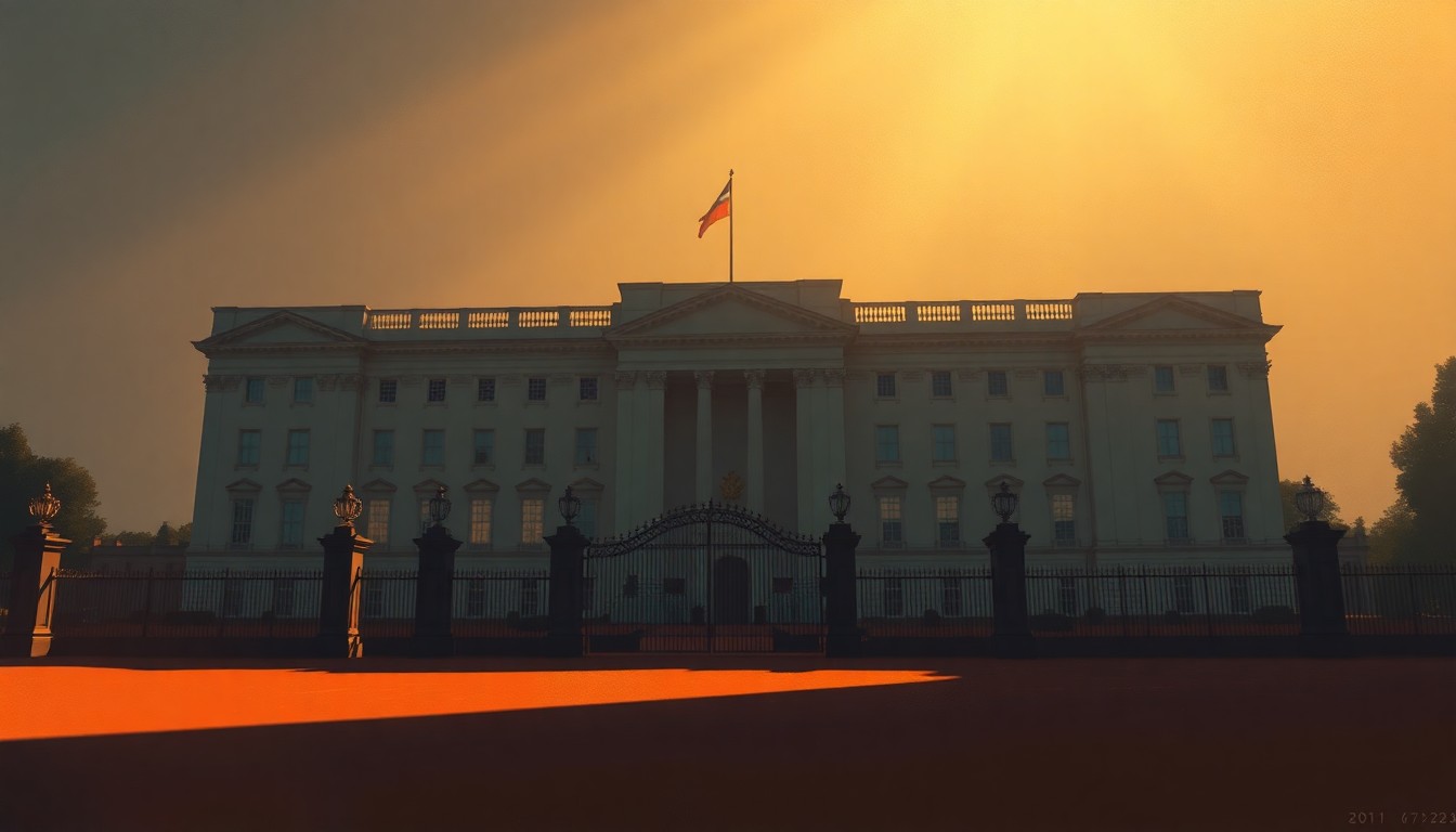 A serene, cinematic painting of the exterior of Buckingham Palace, with the grand building bathed in warm, golden sunlight and deep shadows, conveying a sense of solemnity and grandeur befitting the commemorative events honoring the late Queen
