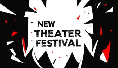 An abstract, minimalist illustration featuring stark, jagged black shapes against a bright red background, conceptually representing the energy and creativity of a new theater festival.