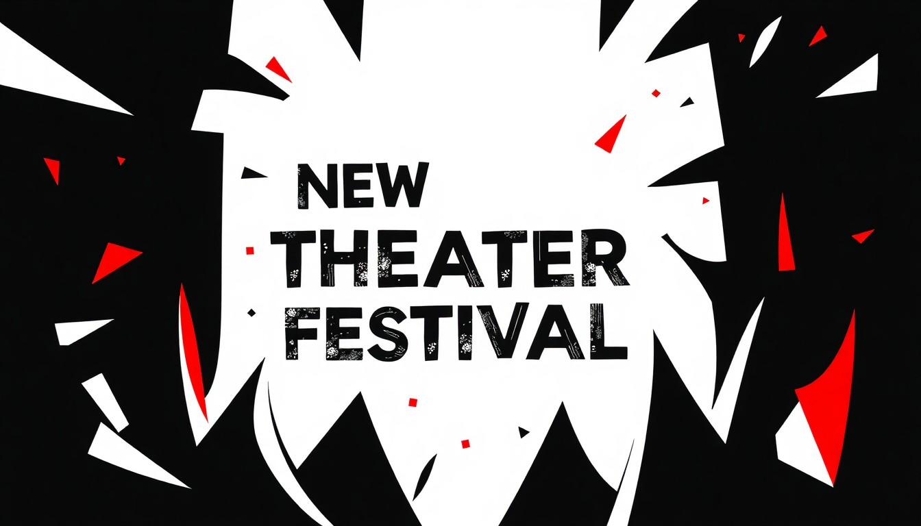 An abstract, minimalist illustration featuring stark, jagged black shapes against a bright red background, conceptually representing the energy and creativity of a new theater festival.