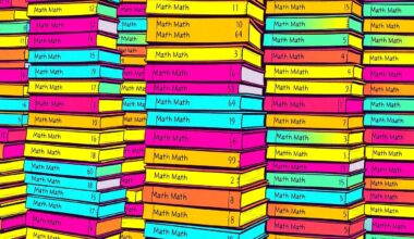 A bold, abstract grid of neon-colored math textbooks in a silkscreen pop art style, conceptually representing the academic excellence of Staten Island