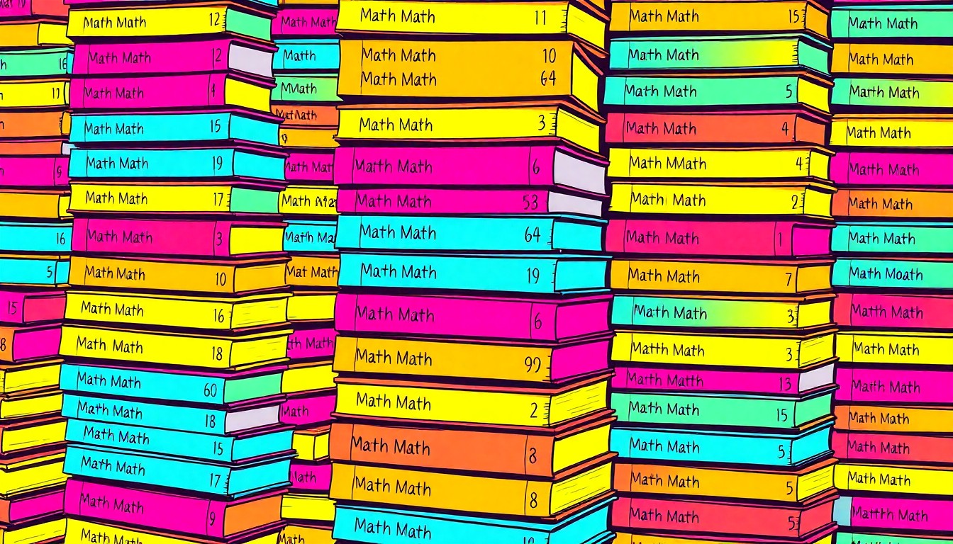 A bold, abstract grid of neon-colored math textbooks in a silkscreen pop art style, conceptually representing the academic excellence of Staten Island