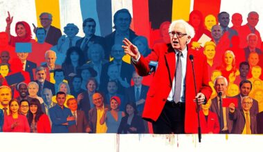 A dynamic, abstract painting of two figures speaking on a stage, their forms repeated in overlapping, fractured geometric shapes in vibrant red, blue, and yellow, conveying the energy and momentum of a political rally.