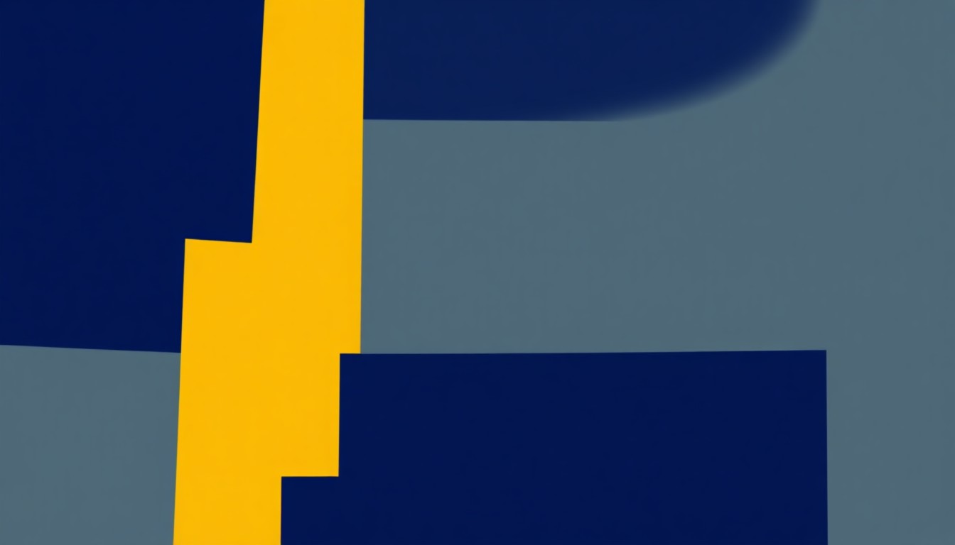 A minimalist illustration using bold geometric shapes and clean lines in navy blue, mustard yellow, and slate grey to conceptually represent the uneven adoption of federal tax deductions across different states.