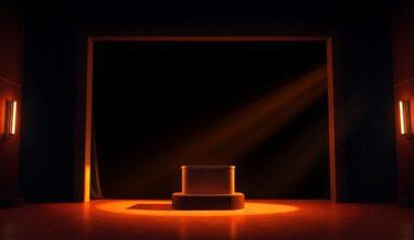 A dimly lit stage with a solitary podium, its surface reflecting the warm glow of diagonal sunlight, conceptually representing the somber tone of a political rally warning about economic challenges.