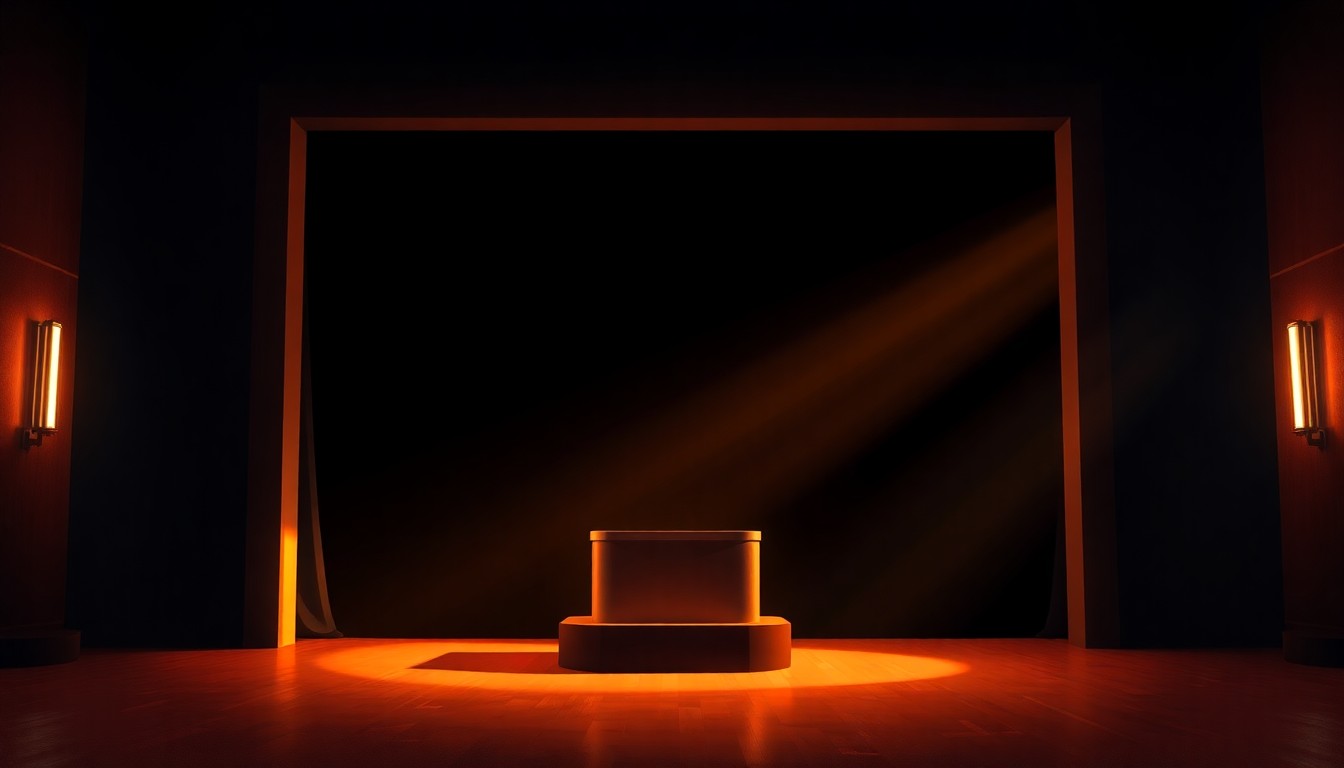 A dimly lit stage with a solitary podium, its surface reflecting the warm glow of diagonal sunlight, conceptually representing the somber tone of a political rally warning about economic challenges.