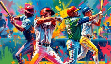 A dynamic, colorful painting featuring the powerful, expressive movements of baseball players swinging their bats, capturing the raw athleticism and competitive spirit of the game.