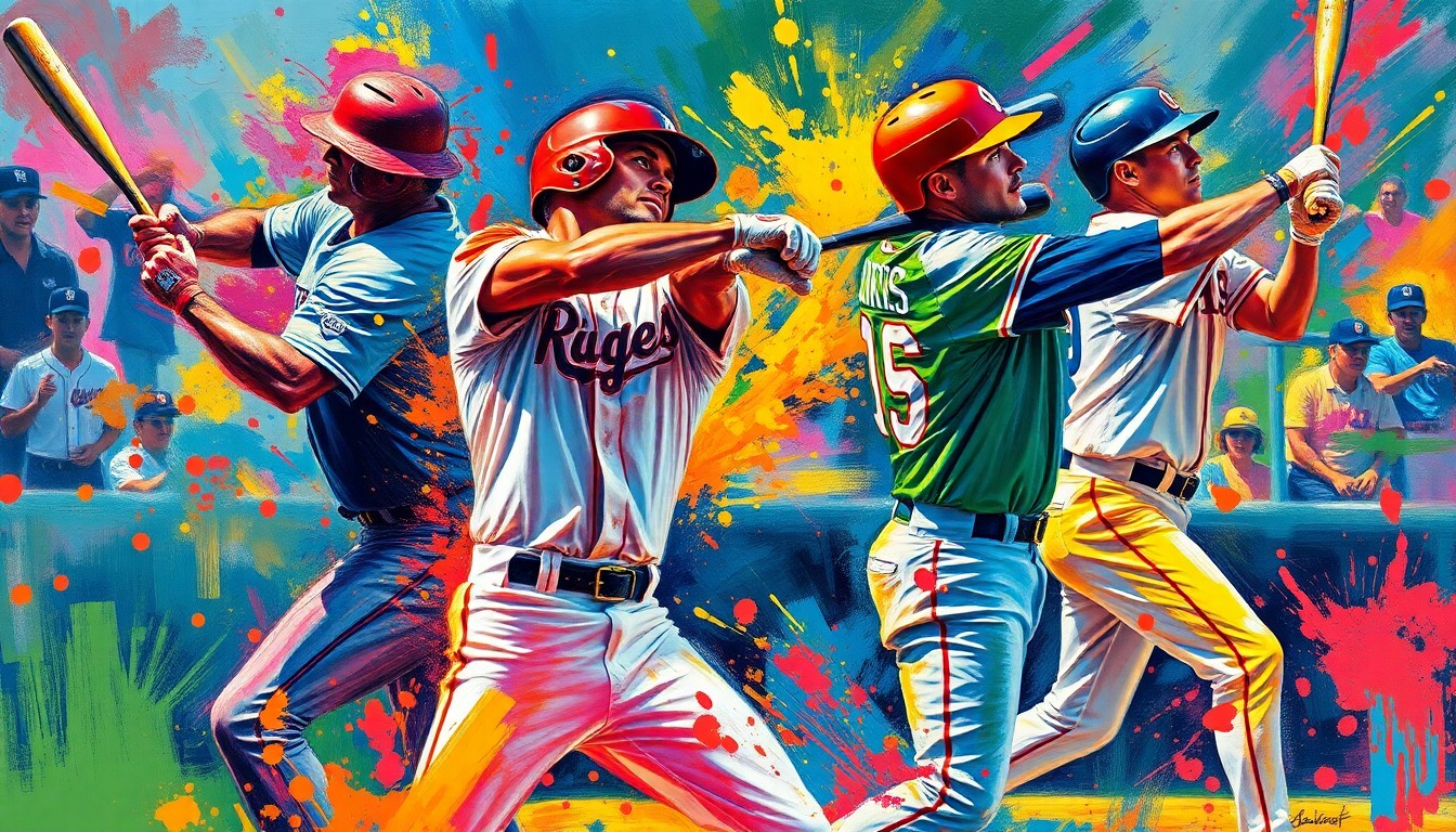 A dynamic, colorful painting featuring the powerful, expressive movements of baseball players swinging their bats, capturing the raw athleticism and competitive spirit of the game.
