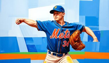 A fragmented, cubist-style painting depicting a Mets relief pitcher in action, with sharp geometric shapes and planes of the team