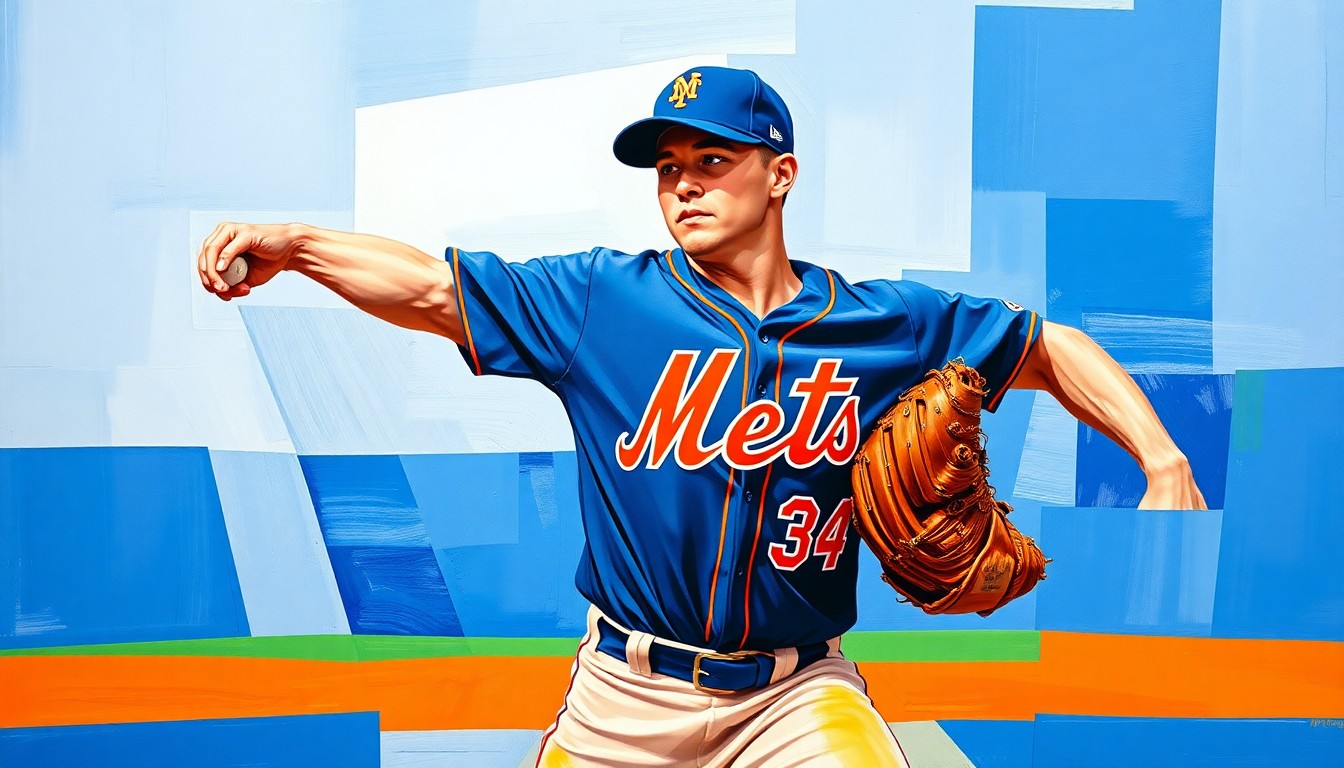 A fragmented, cubist-style painting depicting a Mets relief pitcher in action, with sharp geometric shapes and planes of the team