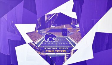 A cubist-style painting depicting a Kansas State football game, with the players and field broken down into sharp, overlapping geometric shapes in the team
