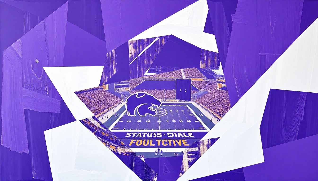 A cubist-style painting depicting a Kansas State football game, with the players and field broken down into sharp, overlapping geometric shapes in the team