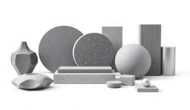 A high-end, photorealistic studio still-life photograph featuring a collection of premium, polished geometric objects in shades of steel grey, concrete, and brushed aluminum, arranged elegantly on a clean white background. The objects symbolize abstract concepts of urban resilience, climate adaptation, and long-term value creation.
