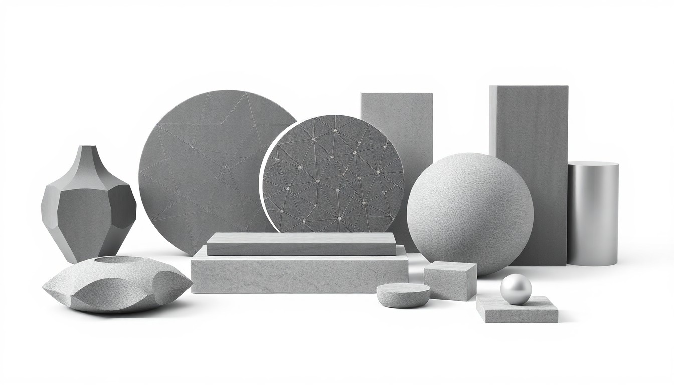 A high-end, photorealistic studio still-life photograph featuring a collection of premium, polished geometric objects in shades of steel grey, concrete, and brushed aluminum, arranged elegantly on a clean white background. The objects symbolize abstract concepts of urban resilience, climate adaptation, and long-term value creation.